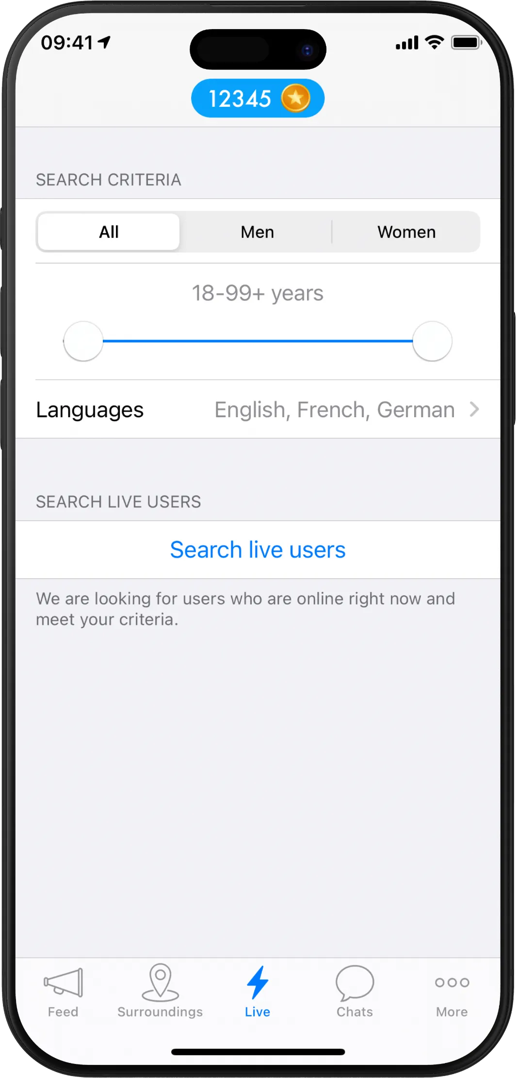 Twiq live search with gender, age and language criteria