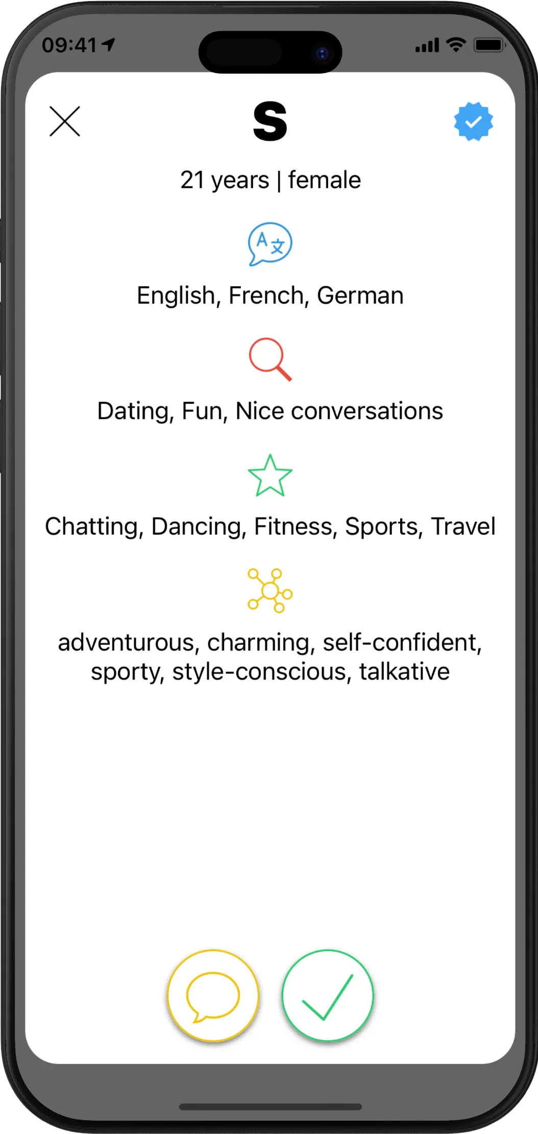 Twiq profile with languages, interests and characteristics